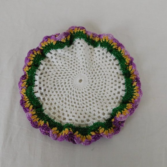 Crocheted Doily Round Purple Gold Green White Ruffled Edges Set of 2 Handmade - Picture 3 of 6